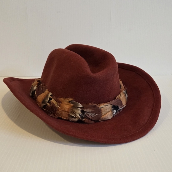 Betmar New York 100% Wool Hat Cowboy Fedora Style Red Rust Designer Feather Band - Picture 3 of 16